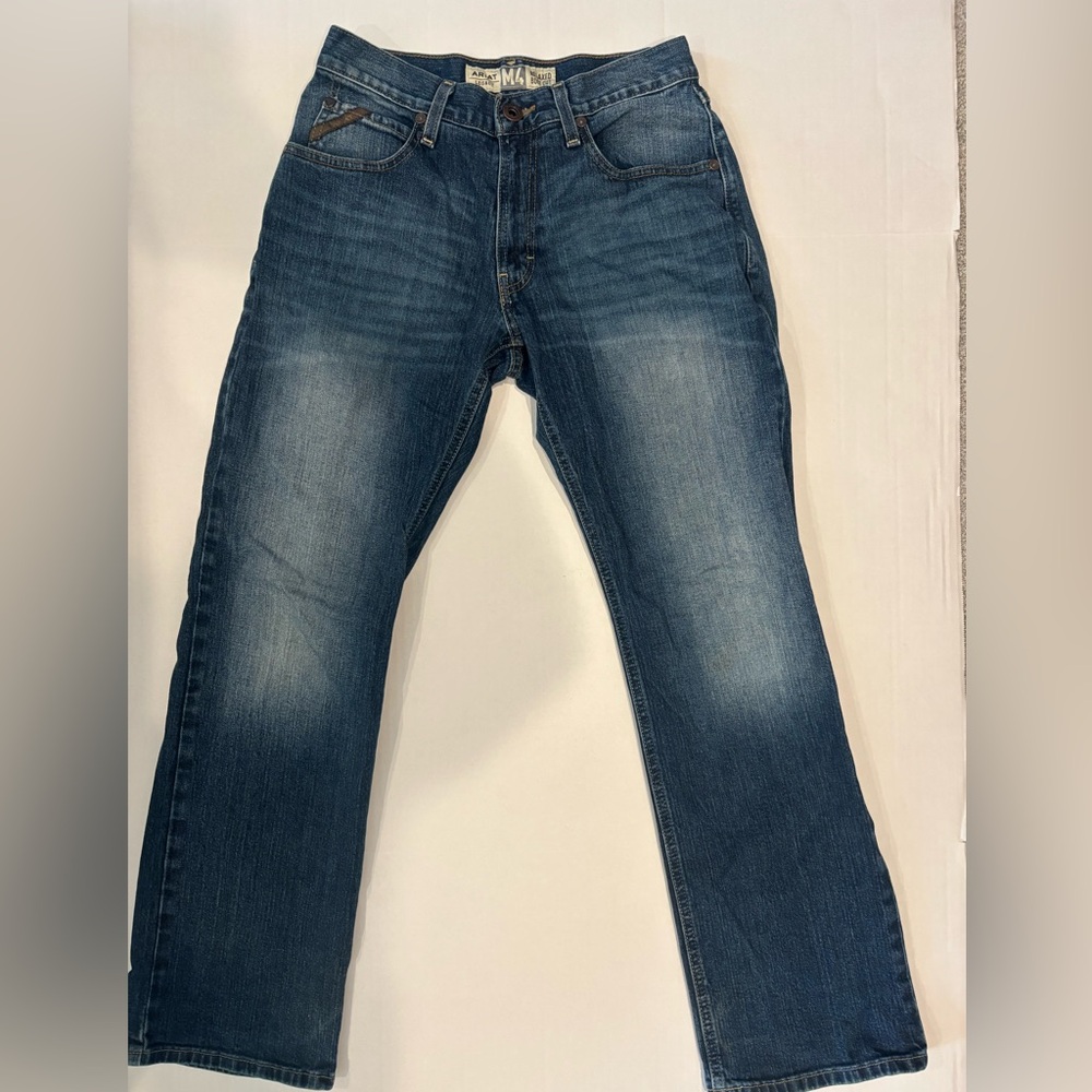 Ariat M4 Relaxed Boot Cut Mens 29x32 Whiskered Embroidered Blue Jeans